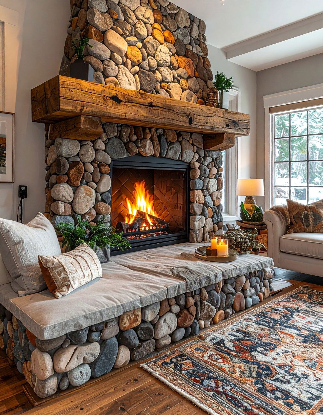 Pebble Stone Mosaic Farmhouse Fireplace Tile - 30 Farmhouse Fireplace Tile Ideas for a Cozy Ambiance