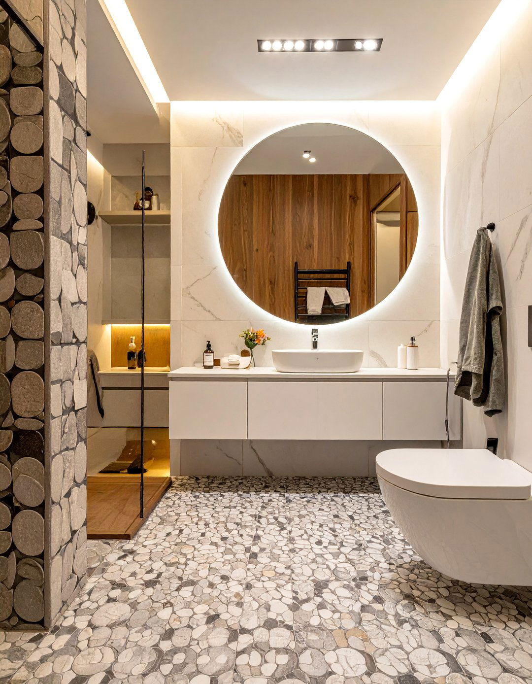 Penny Round Geometric Precision - 20 Pebble Tile Bathroom Ideas for a Natural Look