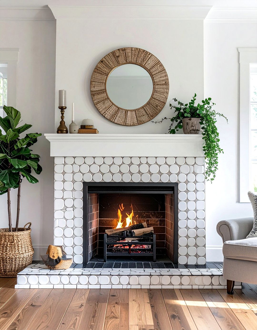 Penny Round Tile Farmhouse Fireplace Surround - 30 Farmhouse Fireplace Tile Ideas for a Cozy Ambiance