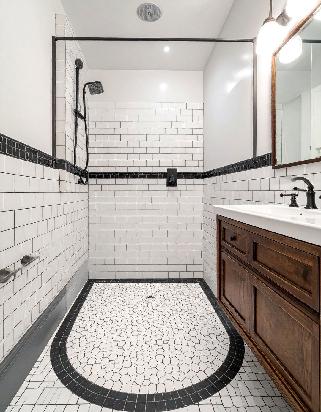 Penny Tile Shower Floor with a Custom Mosaic - 30 Walk-in Shower Tile Ideas for a Luxurious Bathroom