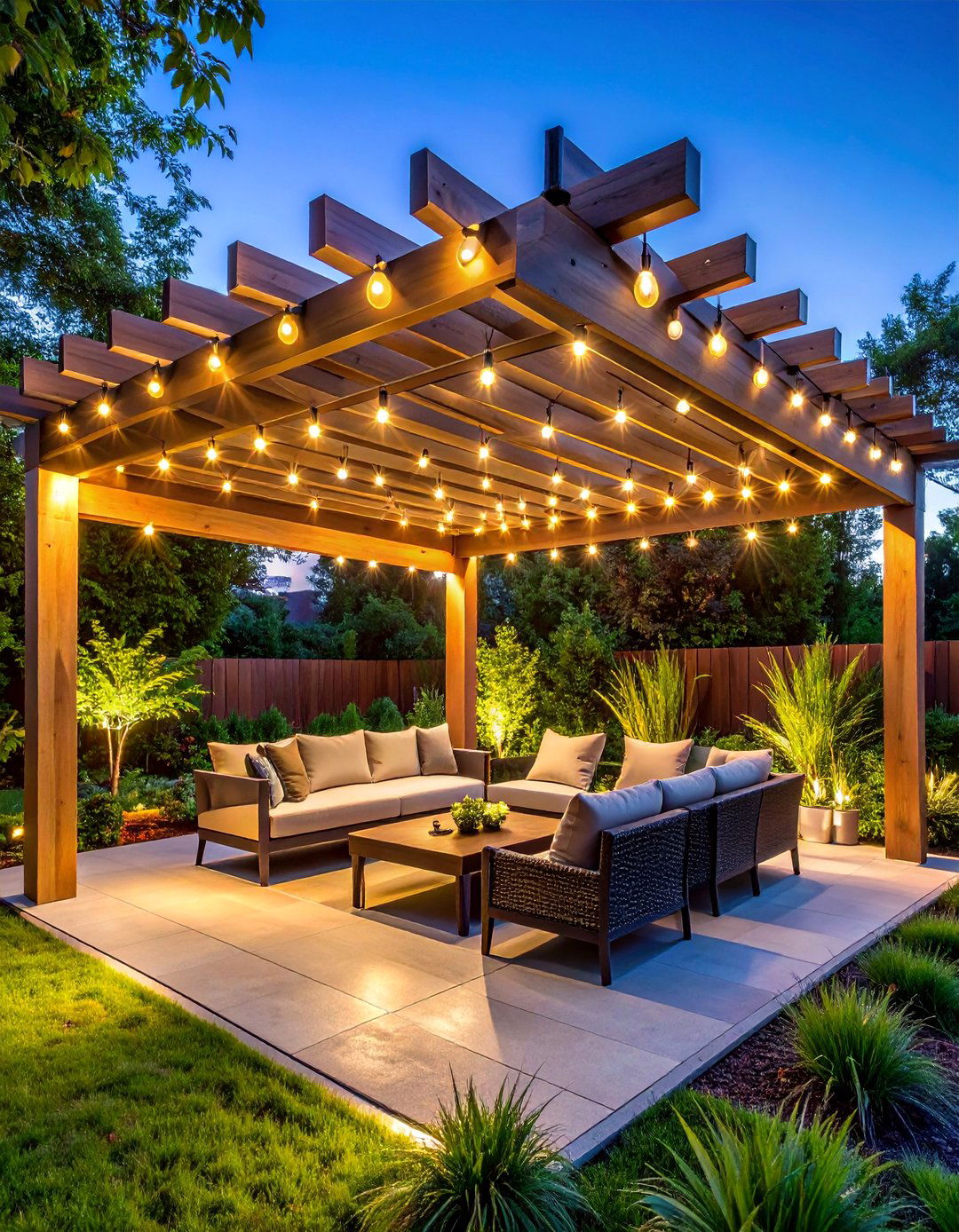 Pergola Beam Linear Design - 40 Patio String Light Ideas to Illuminate Your Nights