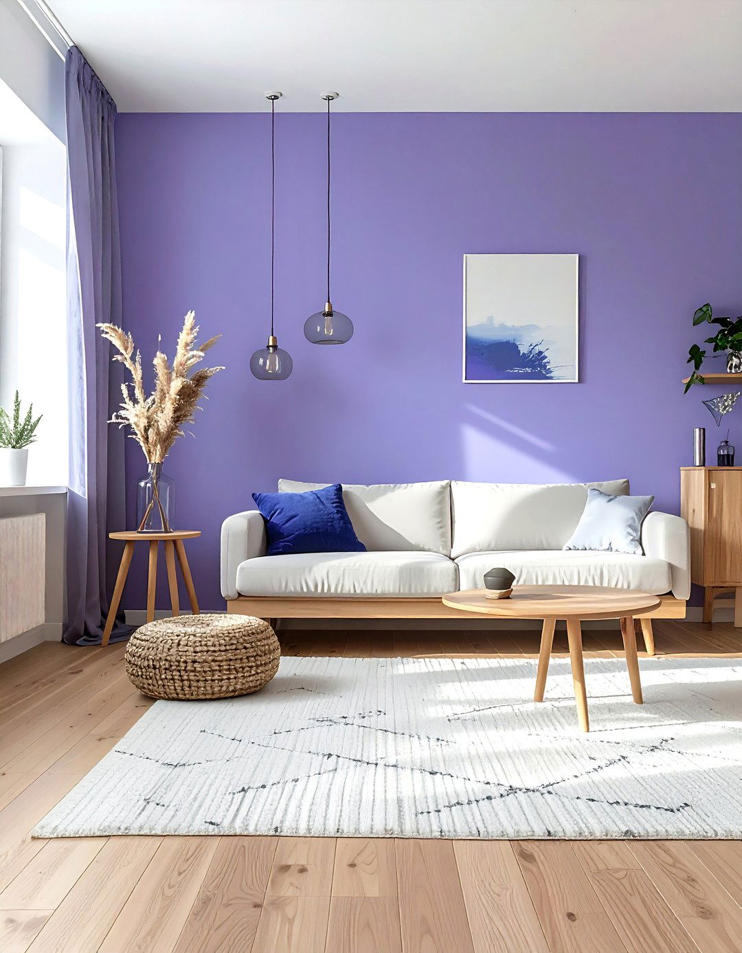 Periwinkle and Light Wood Scandinavian Design - 25 Purple Living Room Ideas for a Luxurious Vibe