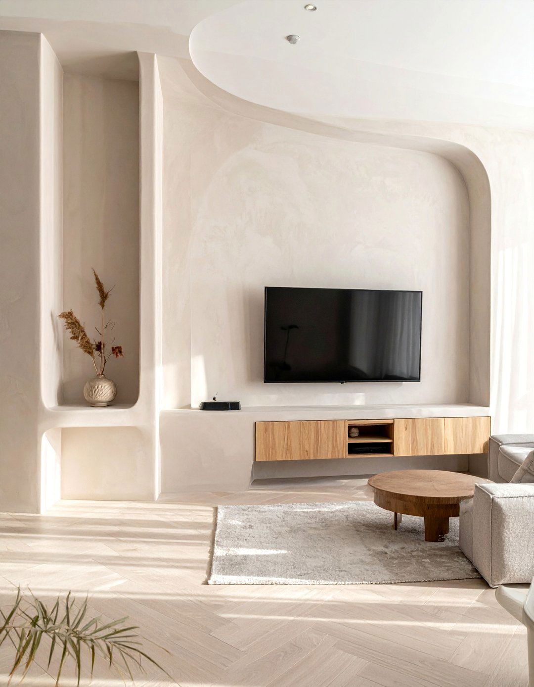 Plaster Finish Media Wall - 35 Stunning Media Wall Ideas to Transform Your Living Space
