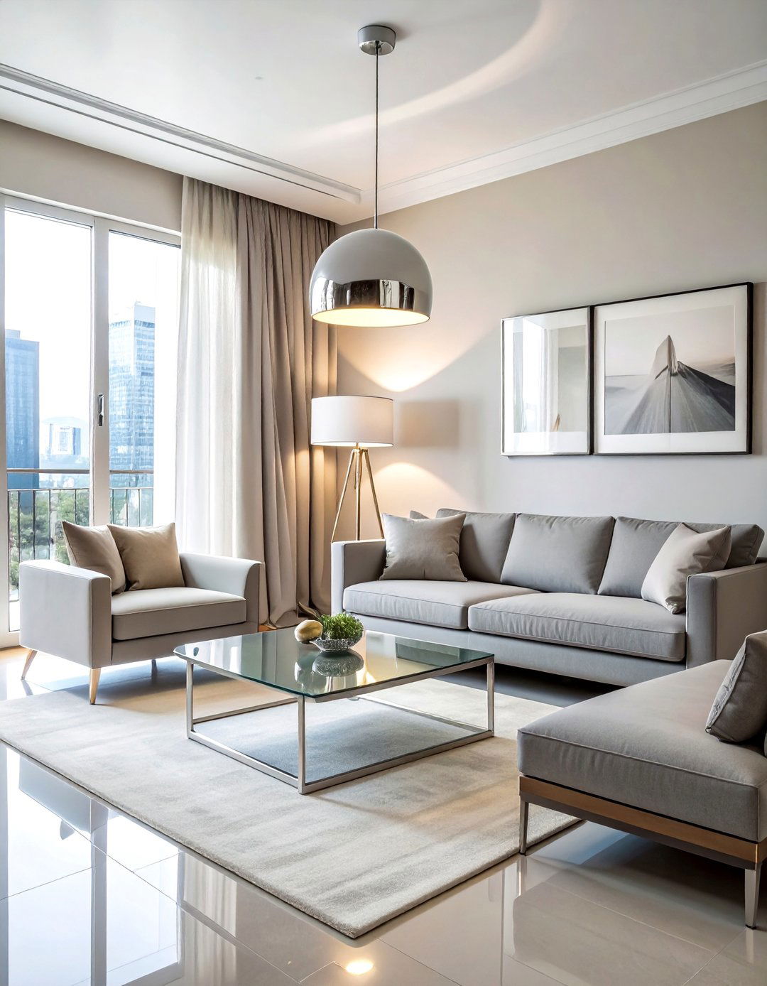 Polished Chrome Accents with Cool Grey Tones - 30 Grey and Cream Living Room Ideas for Elegance