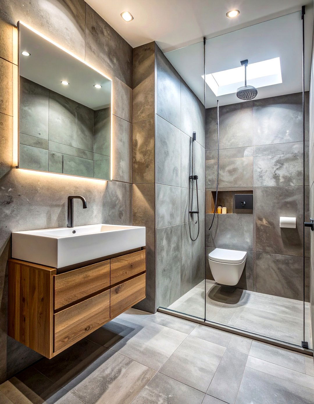 Polished Concrete Look Porcelain Tile Shower - 30 Walk-in Shower Tile Ideas for a Luxurious Bathroom