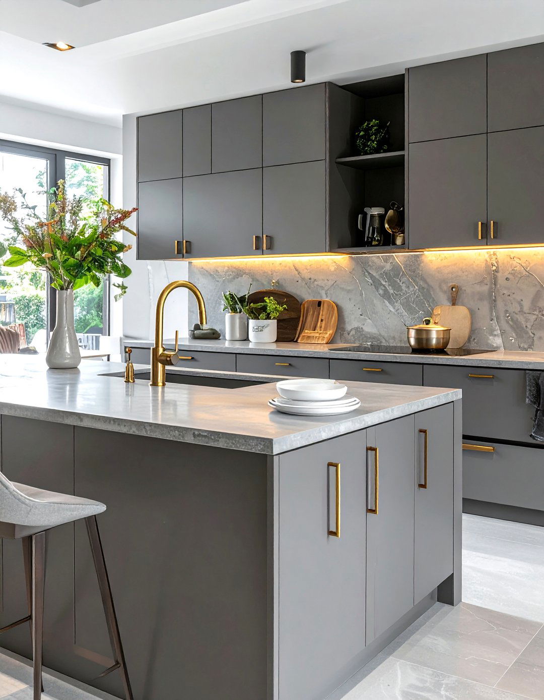 Polished Microcement Kitchen with Brass Fittings - 20 Microcement Kitchen Ideas for a Sleek Look