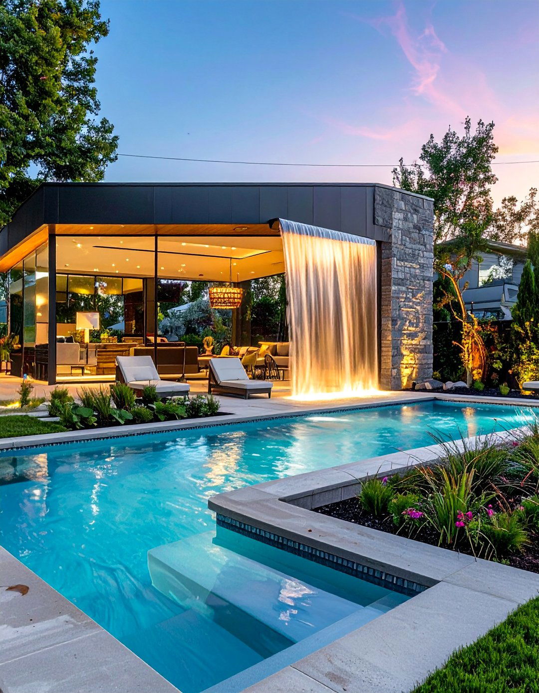 Pool with Decorative Water Walls - 40 Backyard Pool Ideas for a Refreshing Summer Oasis