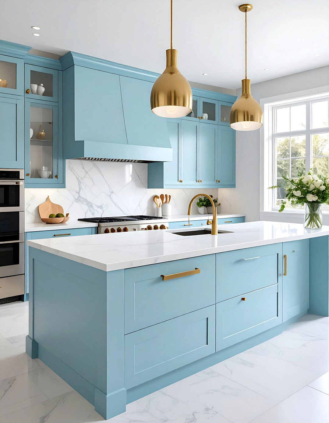Powder Blue Countertops with Gold and Brass Hardware - 20 Kitchens With Blue Countertops Design Ideas