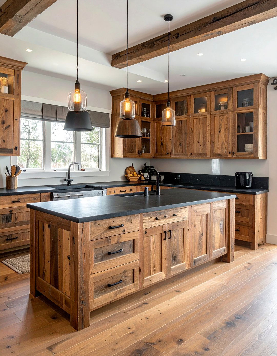 Reclaimed Wood Brown Cabinets with Slate Black Countertops - 20 Kitchen with Brown Cabinets and Black Countertops