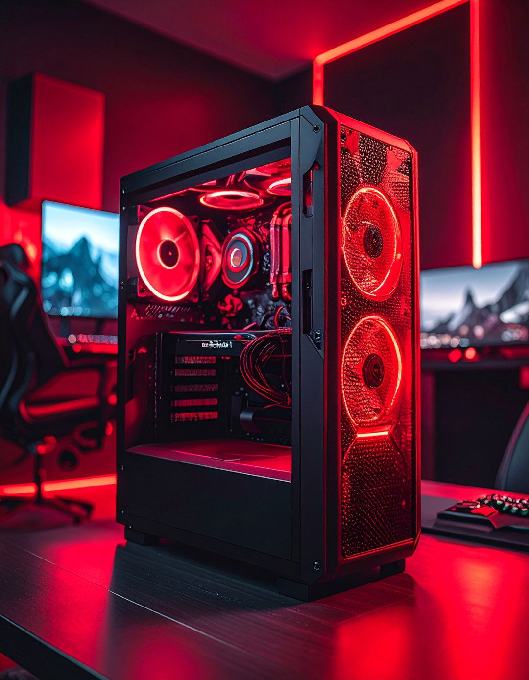Red PC Case as the Centerpiece of a Black Gaming Setup - 20 Red and Black Gaming Setup Ideas for Gamers