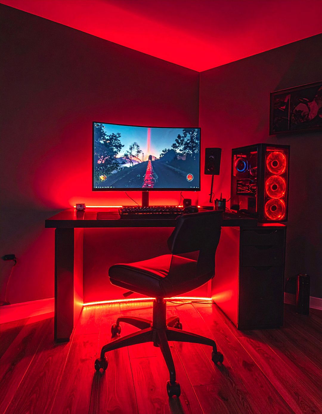 Red Under Desk Lighting for a Black Gaming Setup - 20 Red and Black Gaming Setup Ideas for Gamers