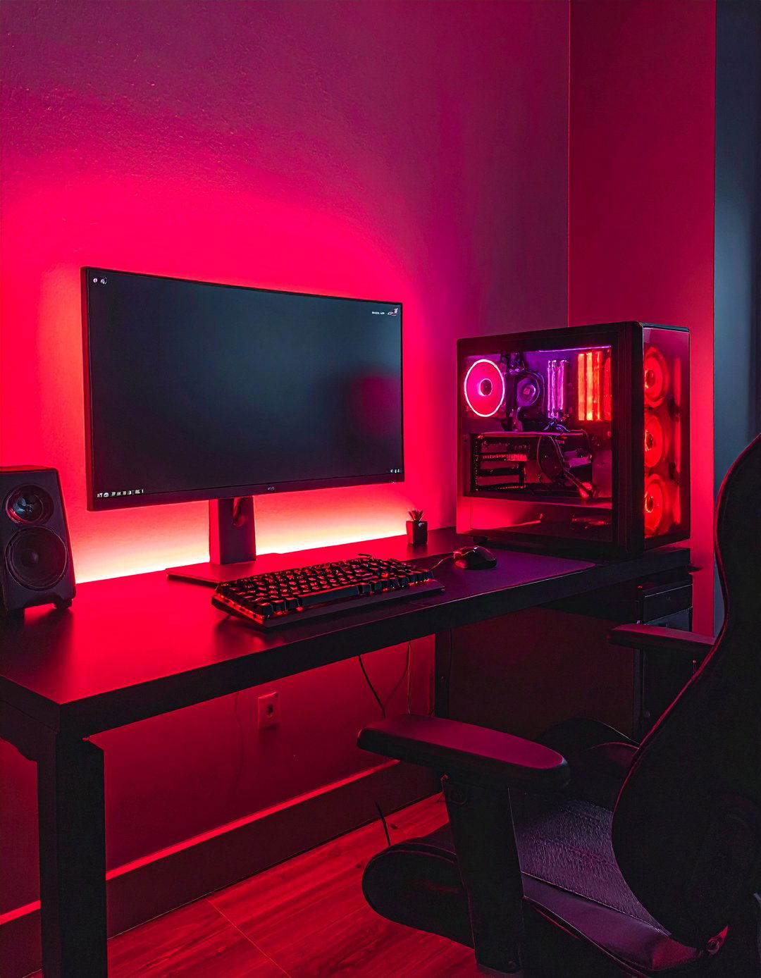 Red and Black Gaming Setup with Ambient Monitor Backlighting - 20 Red and Black Gaming Setup Ideas for Gamers