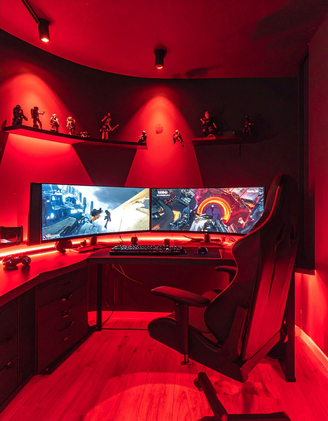 Red and Black Gaming Setup with Collectible Figurines - 20 Red and Black Gaming Setup Ideas for Gamers