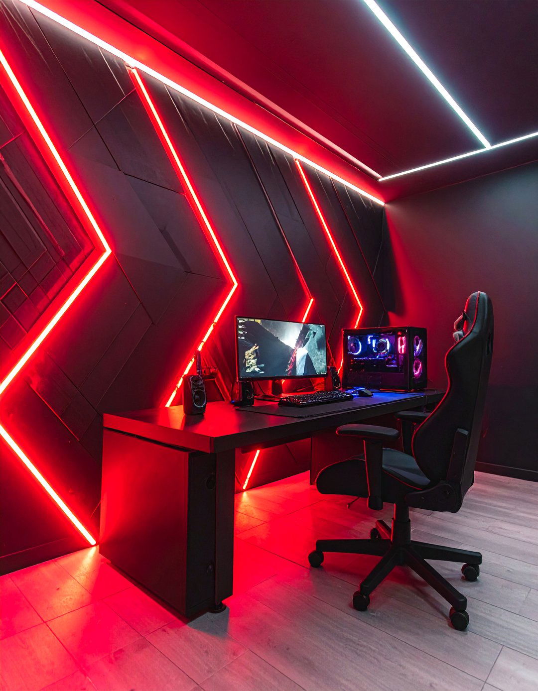 Red and Black Gaming Setup with Nanoleaf Lines - 20 Red and Black Gaming Setup Ideas for Gamers
