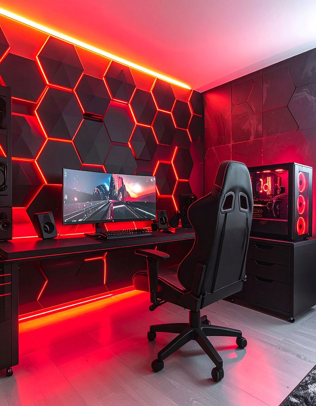 Red and Black Hexagonal Wall Panel Gaming Setup - 20 Red and Black Gaming Setup Ideas for Gamers