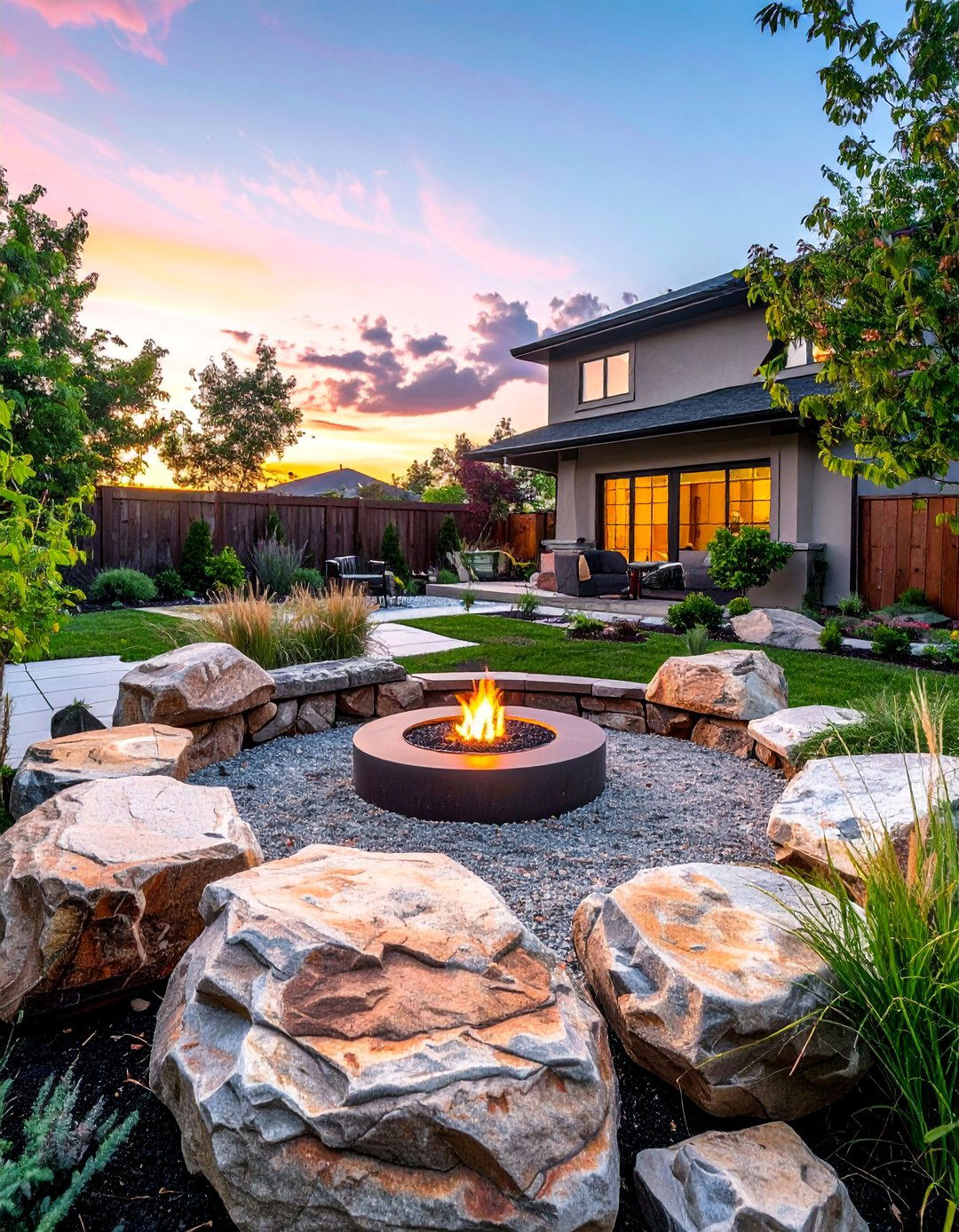 River Rock and Boulder Natural Design - 20 Front Yard Fire Pit Ideas for Cozy Evenings