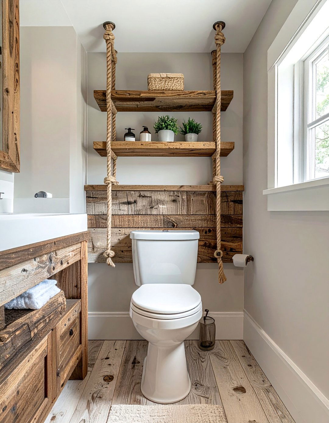 Rope Hanging Shelves - 25 Over Toilet Storage Ideas to Maximize Bathroom Space