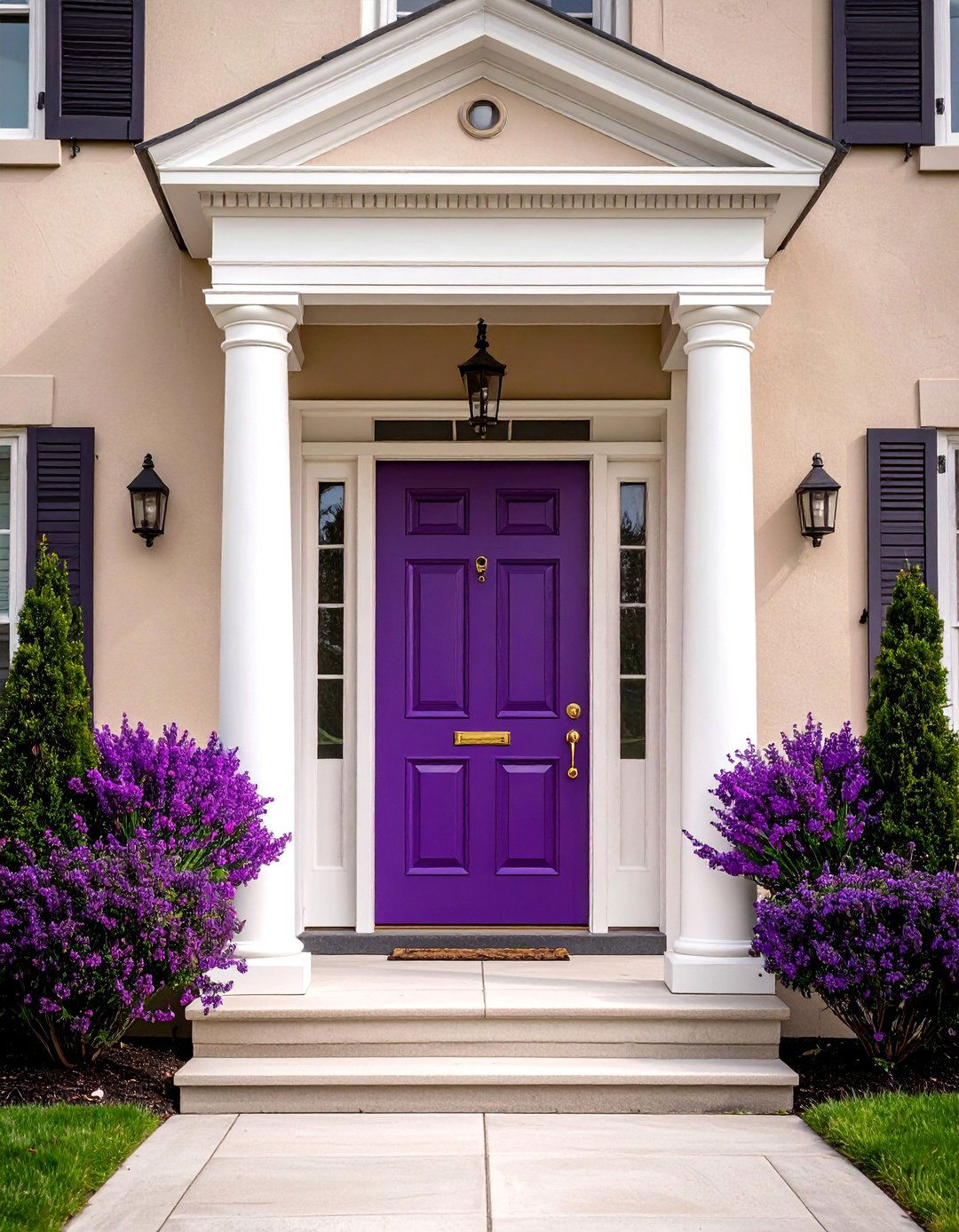 Royal Purple Front Door with Polished Brass Hardware - 20 Purple Front Door Ideas for a Bold Entrance