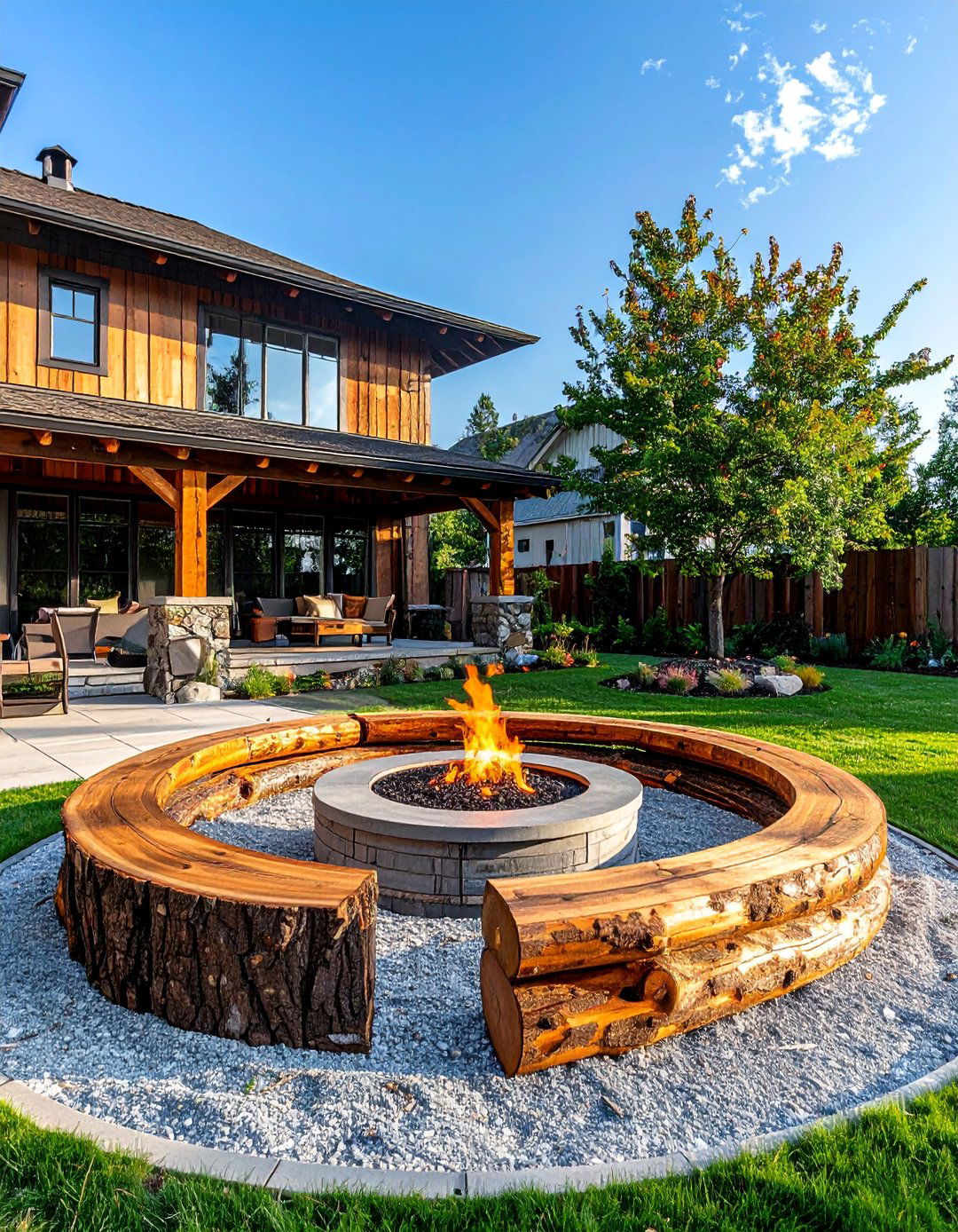 Rustic Log Circle with Fire Ring - 20 Front Yard Fire Pit Ideas for Cozy Evenings