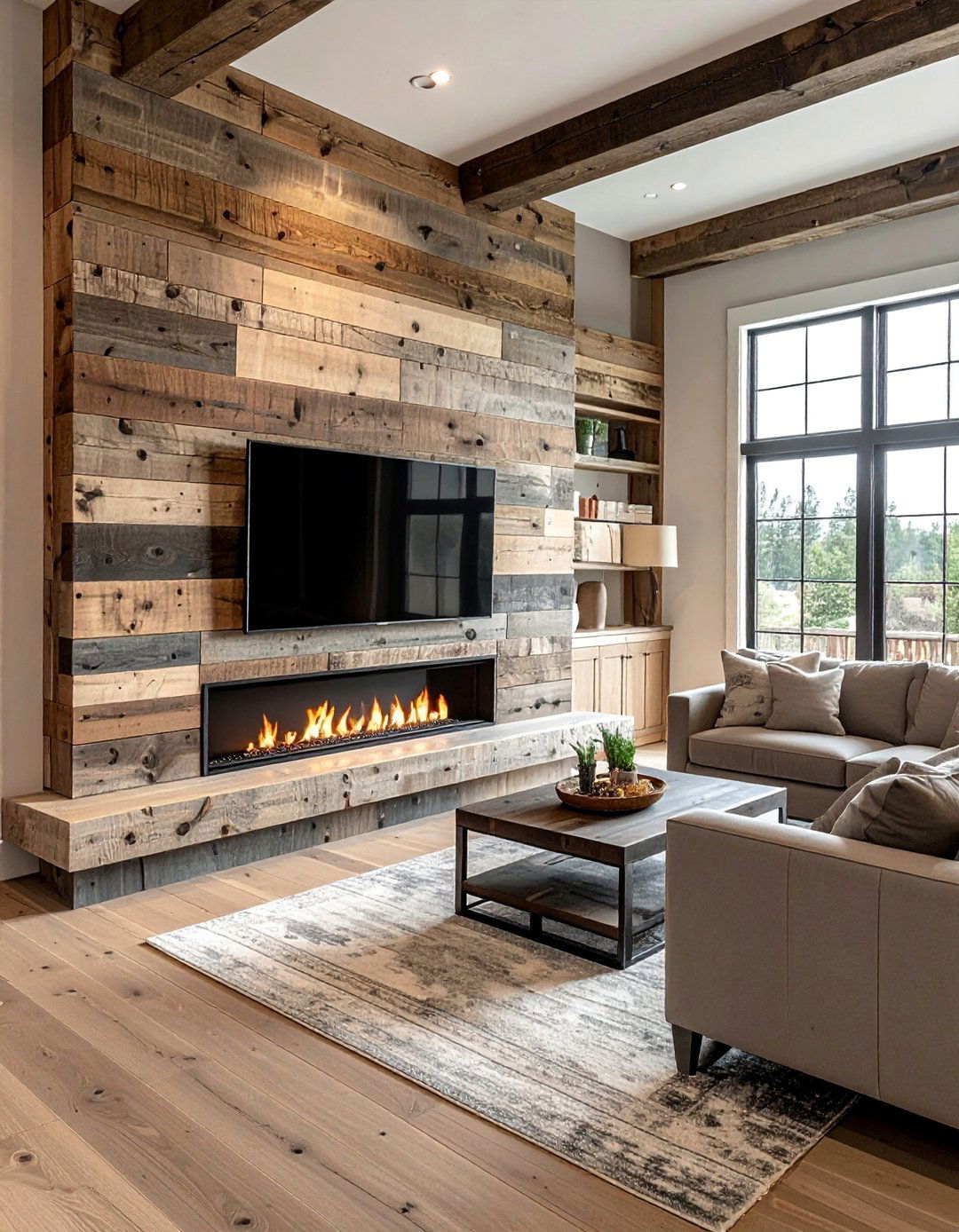 Rustic Reclaimed Wood Fireplace Feature - 20 Linear Fireplace Ideas With TV Above for Cozy Nights