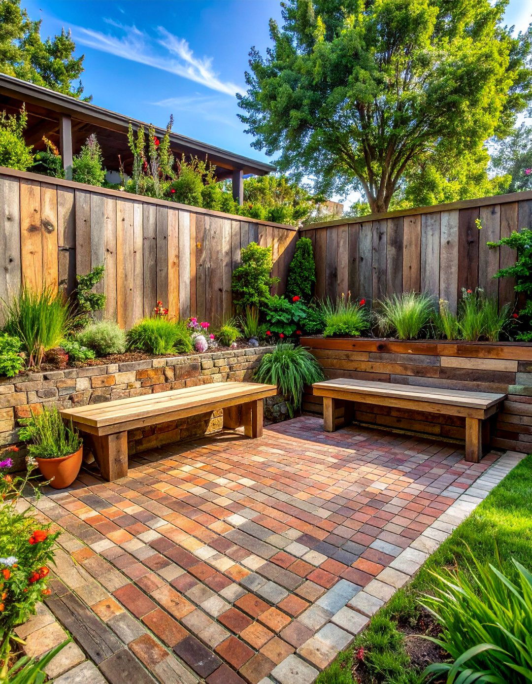 Rustic Sunken Patio with Reclaimed Materials - 20 Sunken Patio Ideas for a Unique and Cozy Outdoor Retreat