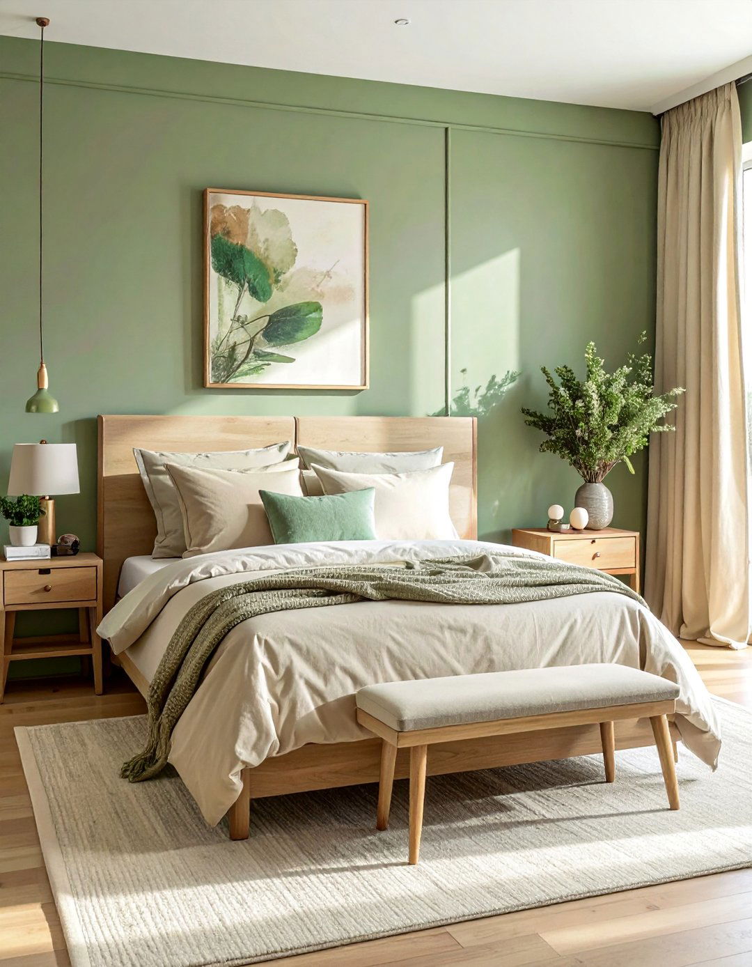 Sage Green Accent Wall with Beige Linen Bedding - 30 Green and Beige Bedroom Ideas for Serenity