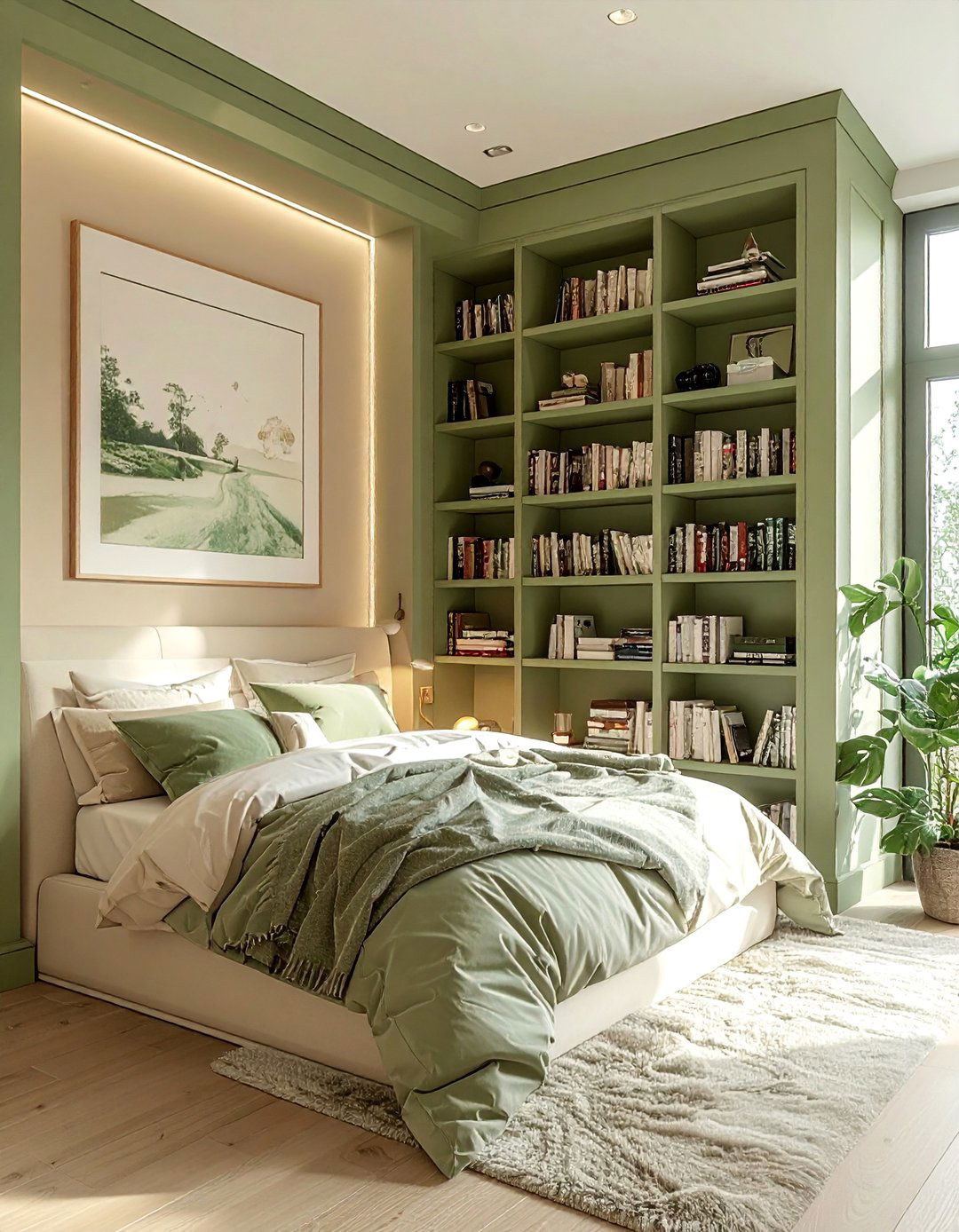 Sage Green Built in Bookshelves in a Beige Nook - 30 Green and Beige Bedroom Ideas for Serenity