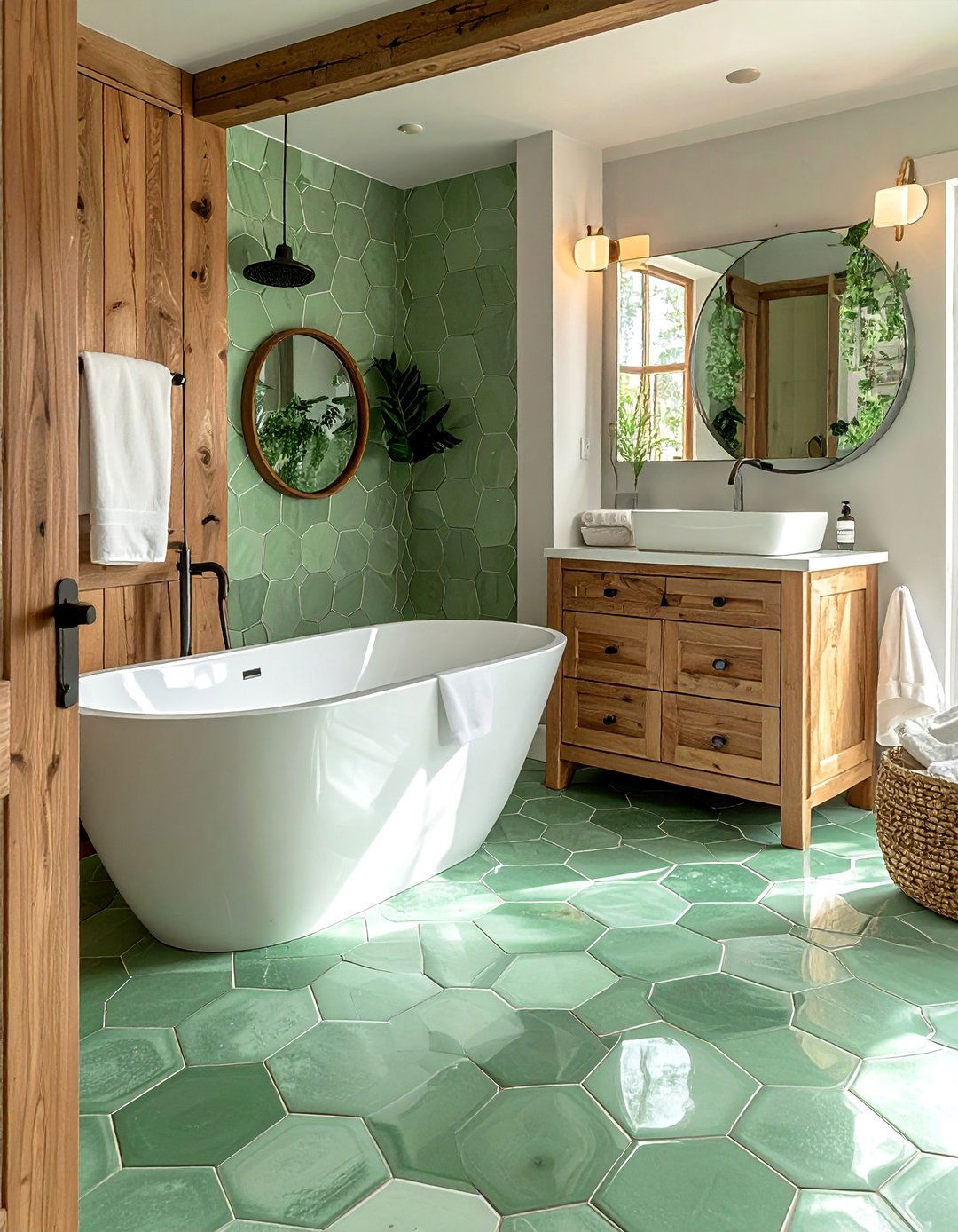 Sage Green Hexagon Tile Bathroom Floor - 25 Green Tile Bathroom Ideas for a Fresh Look