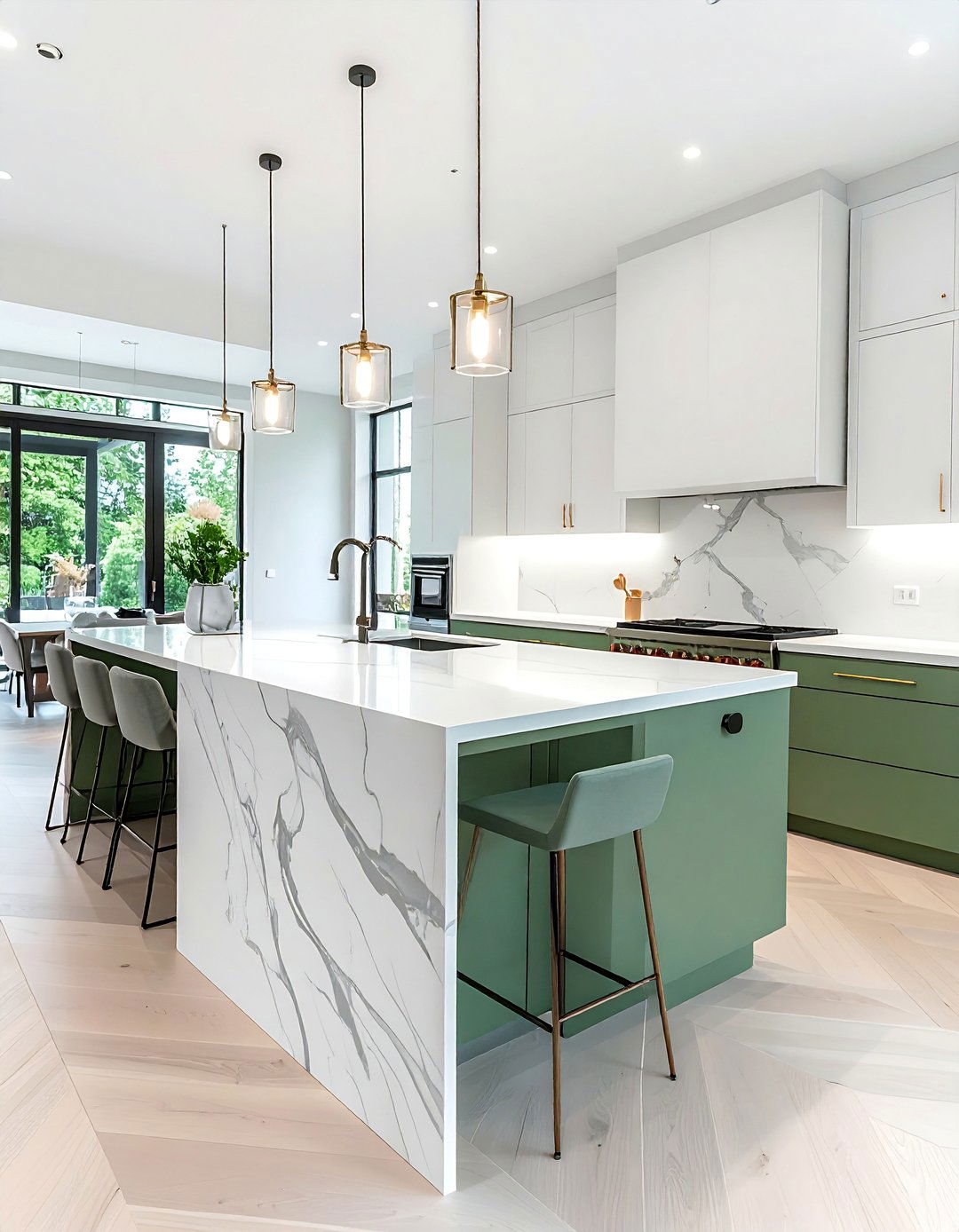Sage Green Kitchen Island with a White Waterfall Countertop - 25 Sage Green and White Kitchen Ideas for Timeless Style