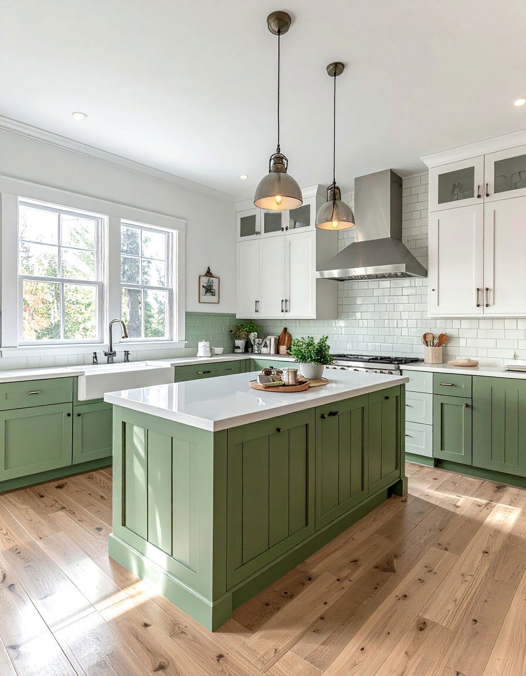 Sage Green Lower Wall Paneling with White Upper Walls