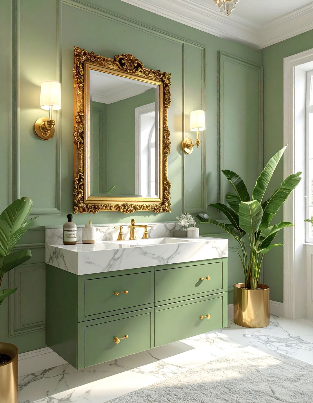 Sage Green Painted Walls with Polished Gold Accents - 20 Green and Gold Bathroom Ideas for a Luxurious Feel