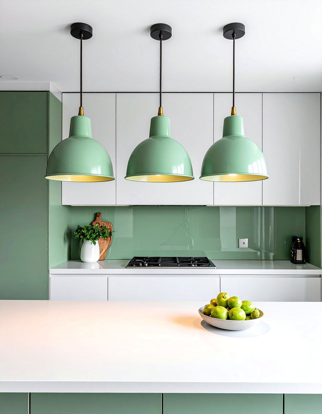 Sage Green Pendant Lights Over a White Island - 25 Sage Green and White Kitchen Ideas for Timeless Style