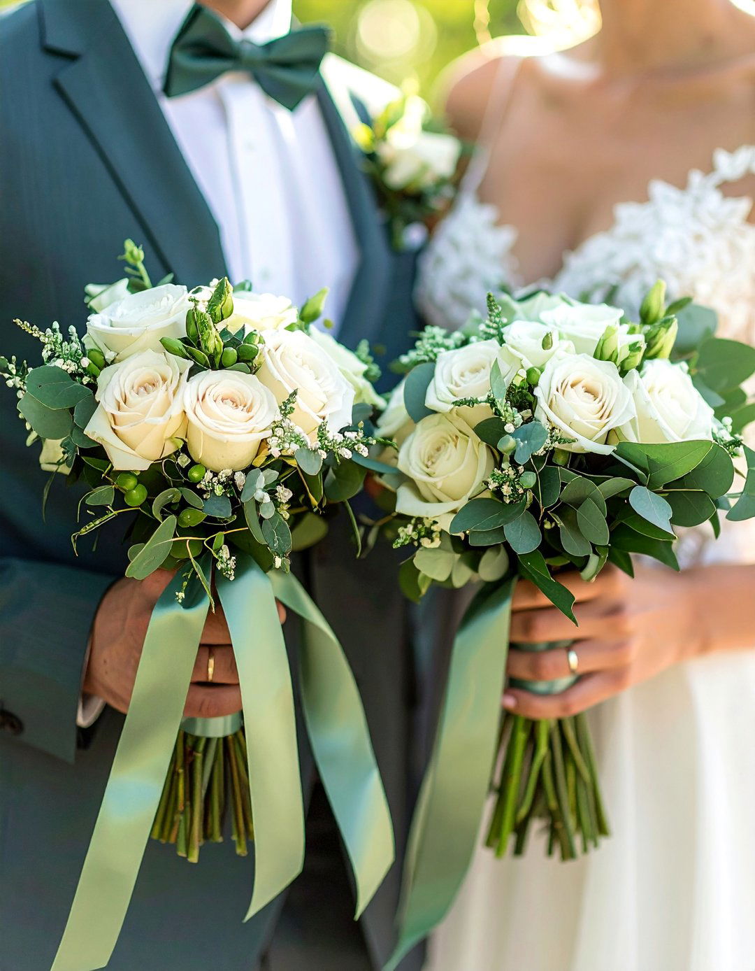 Sage Green Ribbons on Bouquets and Boutonnieres - 30 Stunning Sage Green Wedding Ideas for a Serene Day