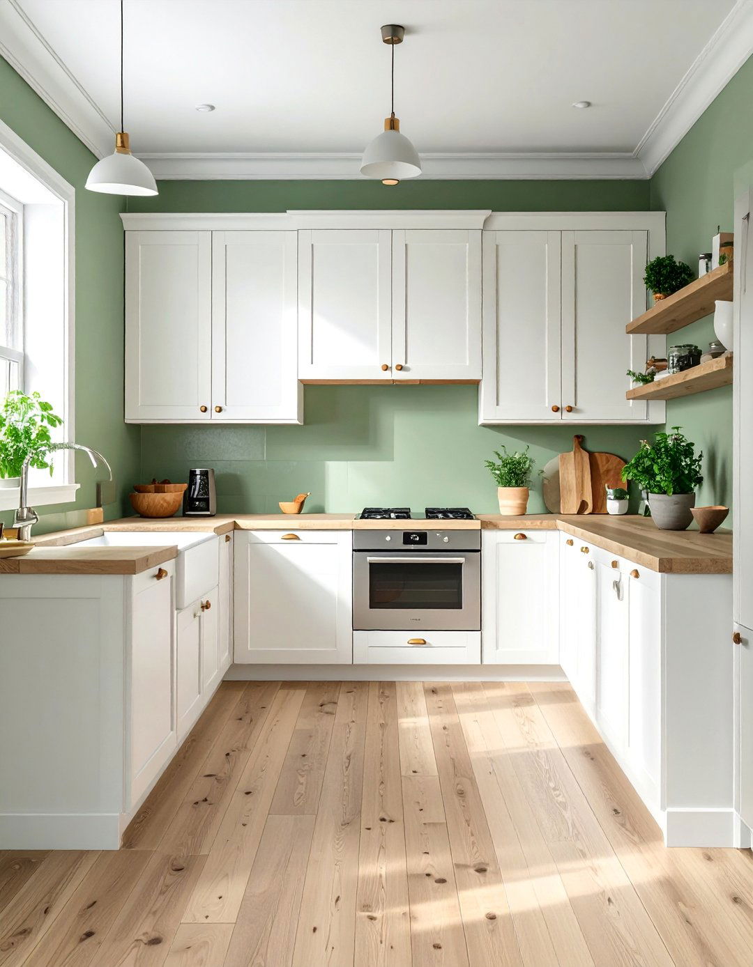 Sage Green Walls with White Cabinetry - 25 Sage Green and White Kitchen Ideas for Timeless Style