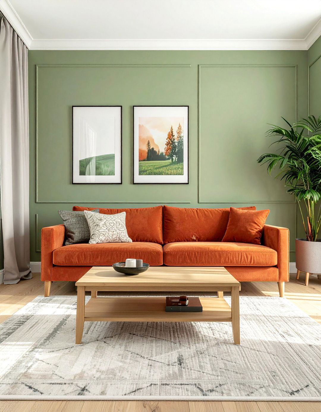 Sage Green Walls with a Terracotta Sofa - 20 Green and Terracotta Living Room Ideas for Warmth
