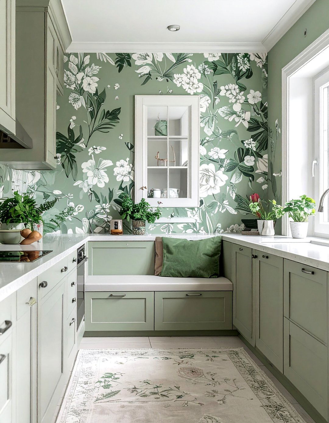 Sage Green and White Patterned Wallpaper - 25 Sage Green and White Kitchen Ideas for Timeless Style