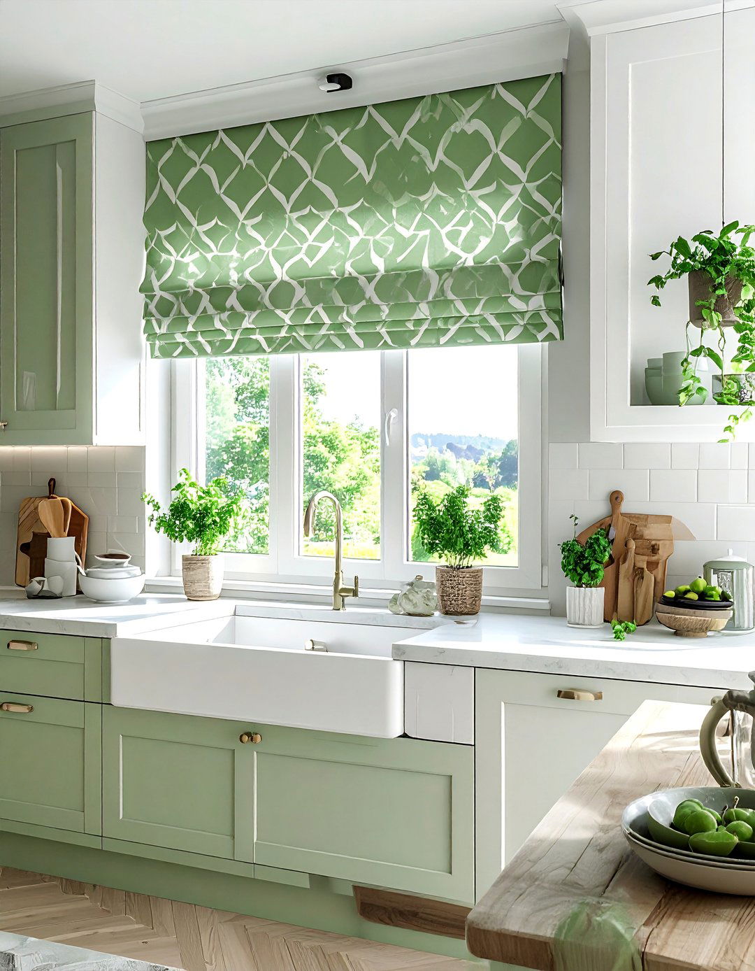Sage Green and White Valance or Roman Shade - 25 Sage Green and White Kitchen Ideas for Timeless Style