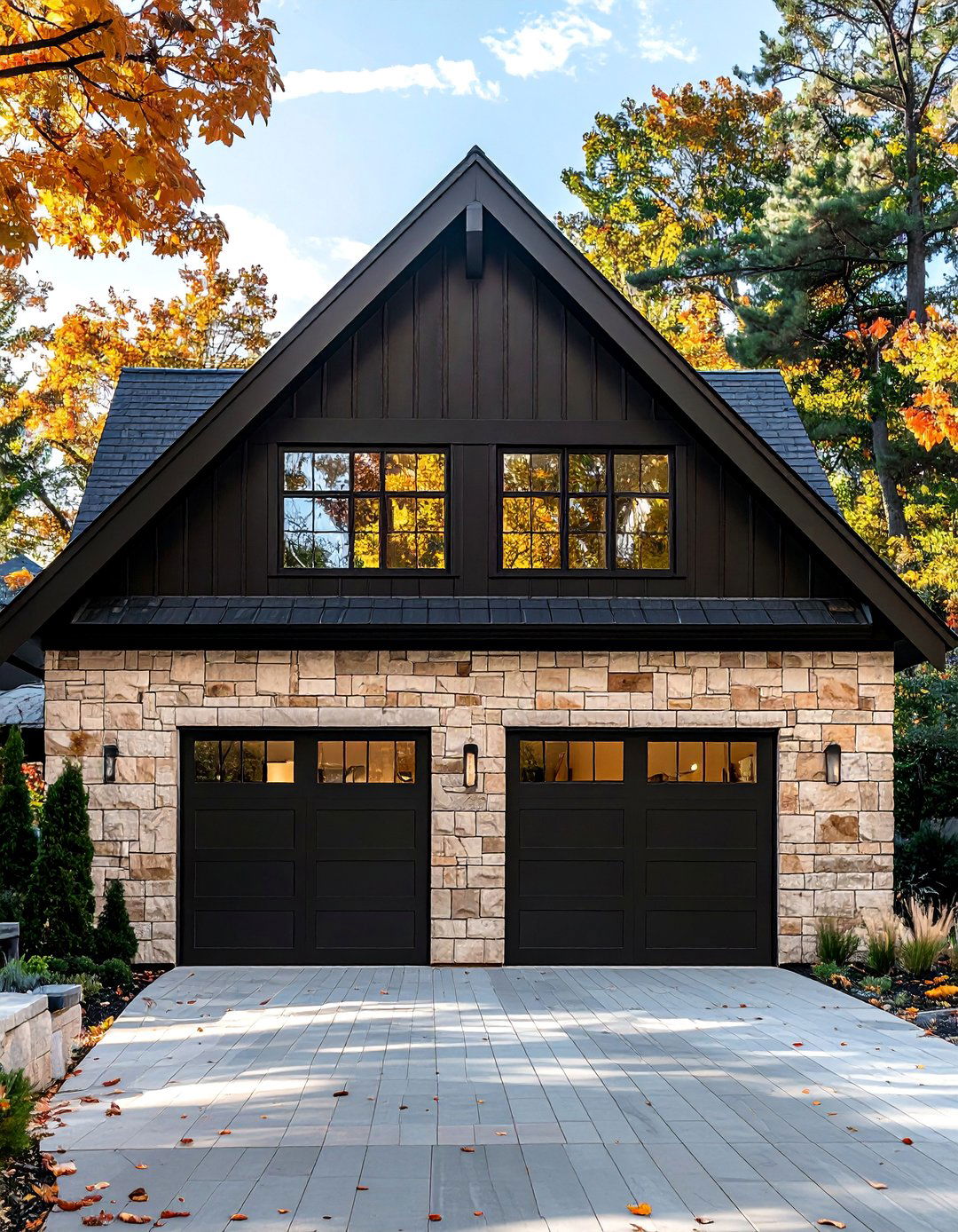 Sandy Beige Stone Veneer with a Black Garage Door - 30 Beige and Black House Exterior Ideas for Curb Appeal