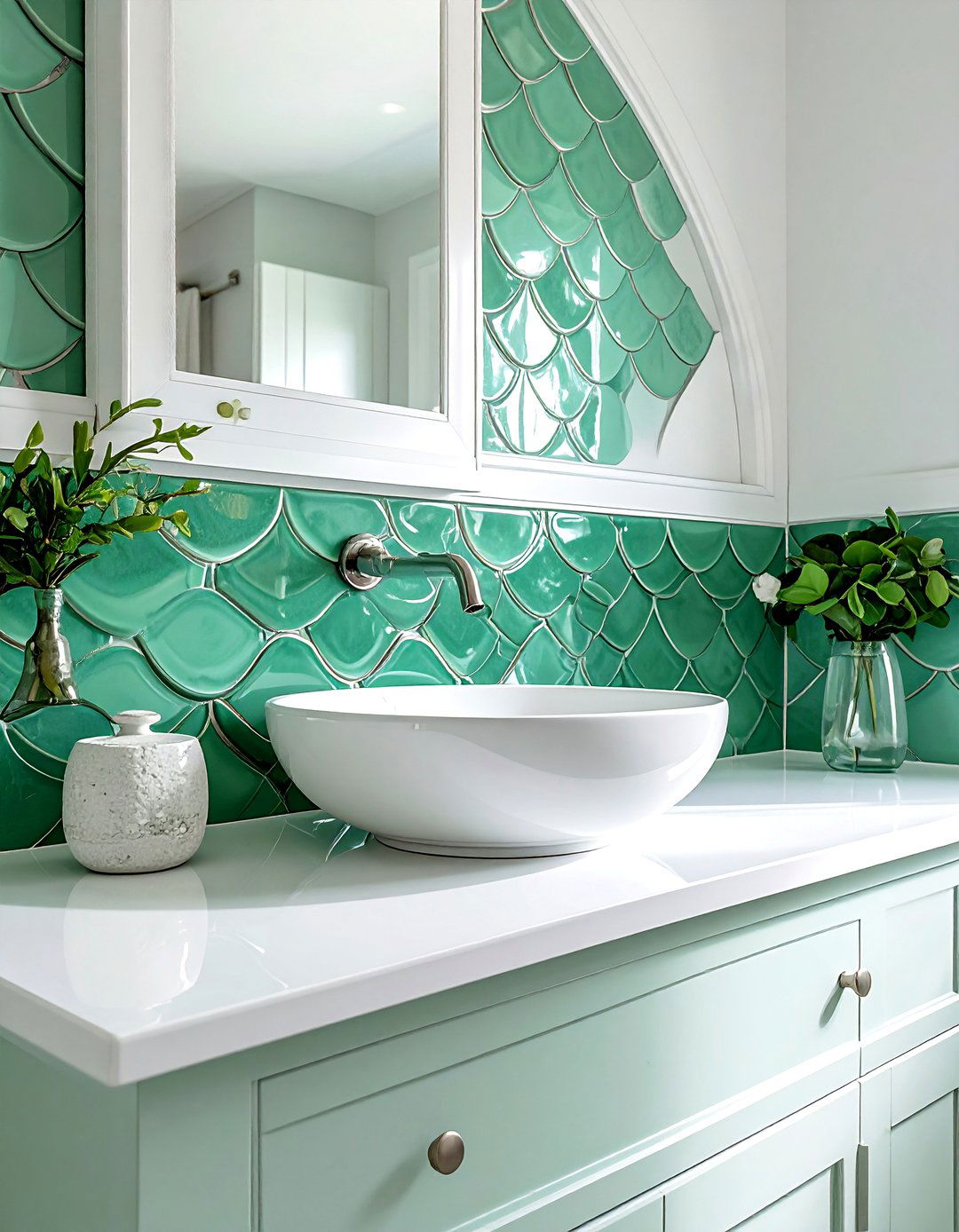 Seafoam Green Fish Scale Tile Bathroom Backsplash - 25 Green Tile Bathroom Ideas for a Fresh Look