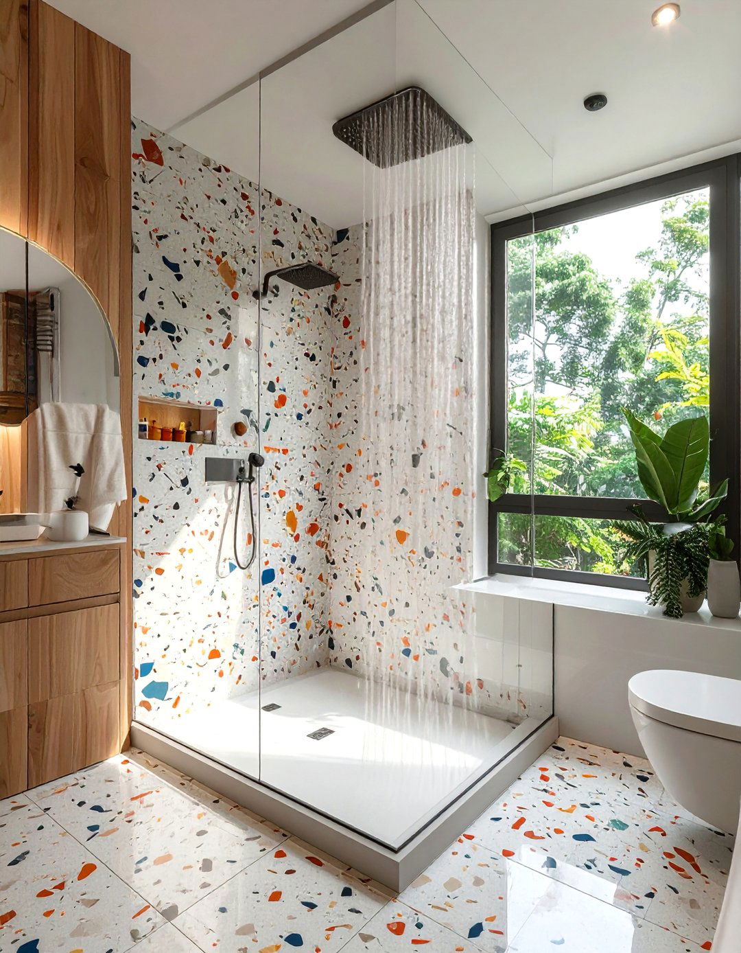 Seamless Terrazzo Style Porcelain Walk in Shower - 30 Walk-in Shower Tile Ideas for a Luxurious Bathroom