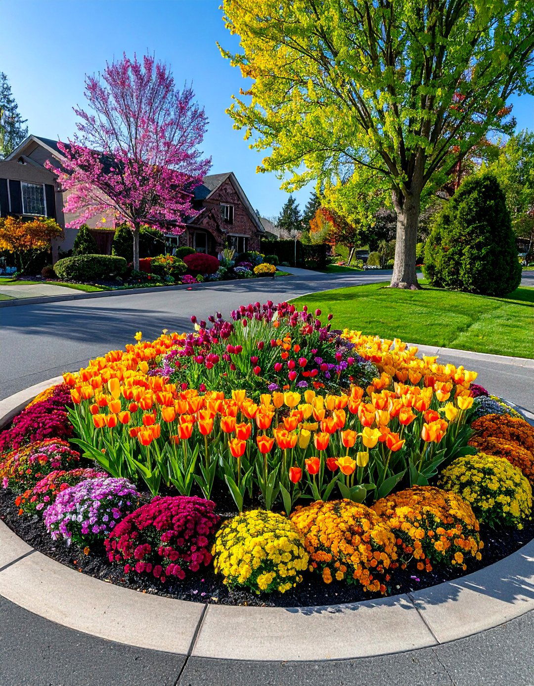 Seasonal Color Burst Display - 30 Circular Driveway Landscaping Ideas for Your Home