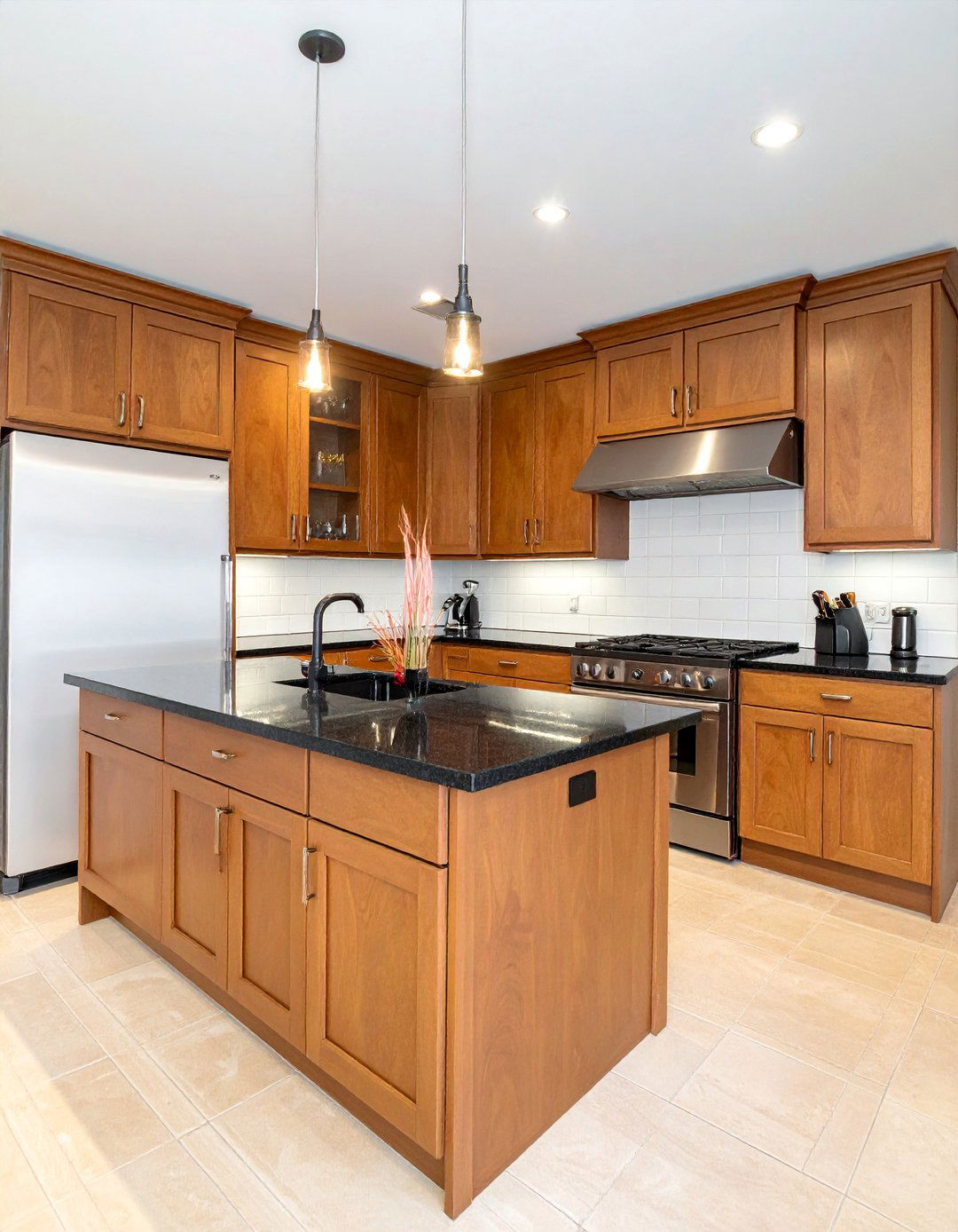 Shaker Style Brown Cabinets with Honed Black Granite Countertops - 20 Kitchen with Brown Cabinets and Black Countertops