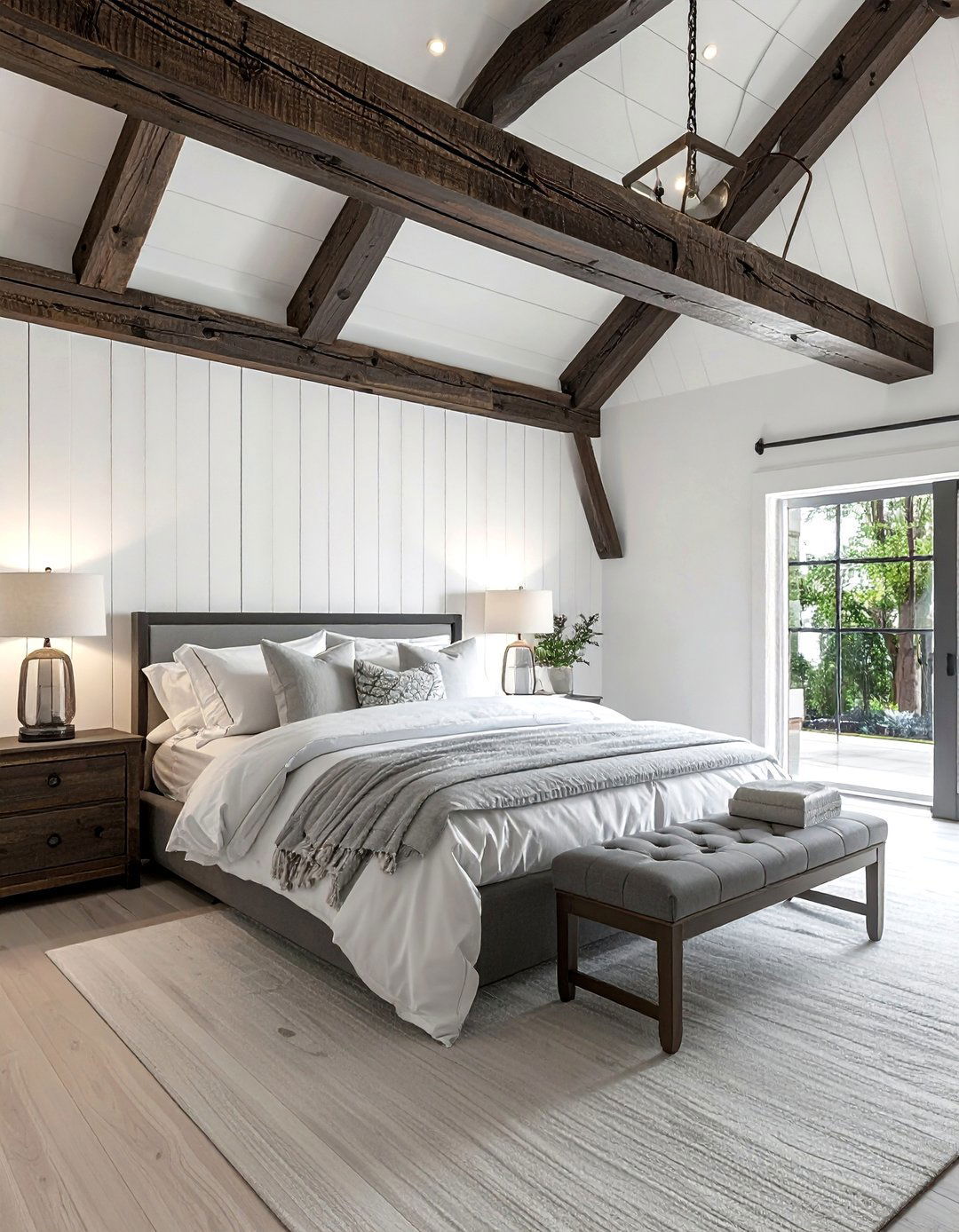 Shiplap Bedroom Accent Wall with Exposed Beams - 30 Shiplap Bedroom Ideas for a Rustic and Chic Look