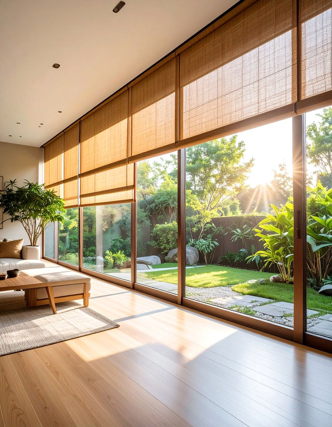 Simplify Window Treatments with Bamboo Blinds - 30 Zen Living Room Ideas for a Peaceful Ambiance