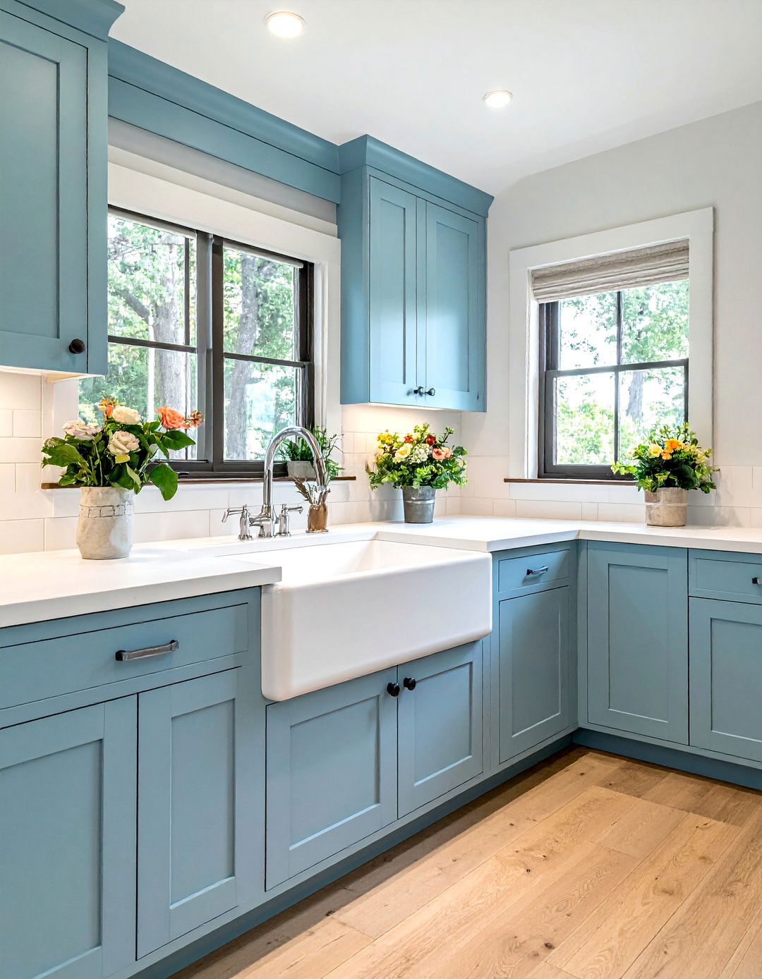 Sky Blue Cabinets with a Farmhouse Apron Front Sink - 30 Blue Farmhouse Kitchen Cabinets for a Cozy Feel