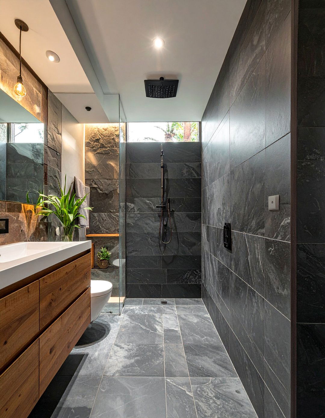 Slate Tile Walk in Shower for an Earthy Feel - 30 Walk-in Shower Tile Ideas for a Luxurious Bathroom