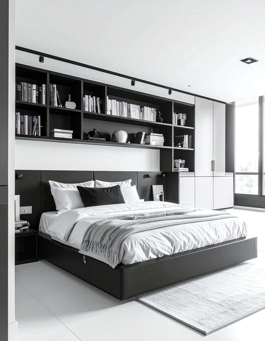 Sleek Black Built In Shelving - 40 Black and White Bedroom Ideas for Elegance