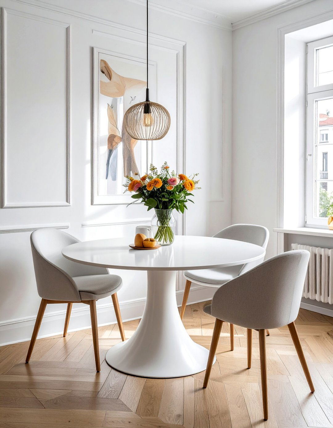 Small White Dining Room with a Round Table - 30 Elegant White Dining Room Ideas for a Timeless Look
