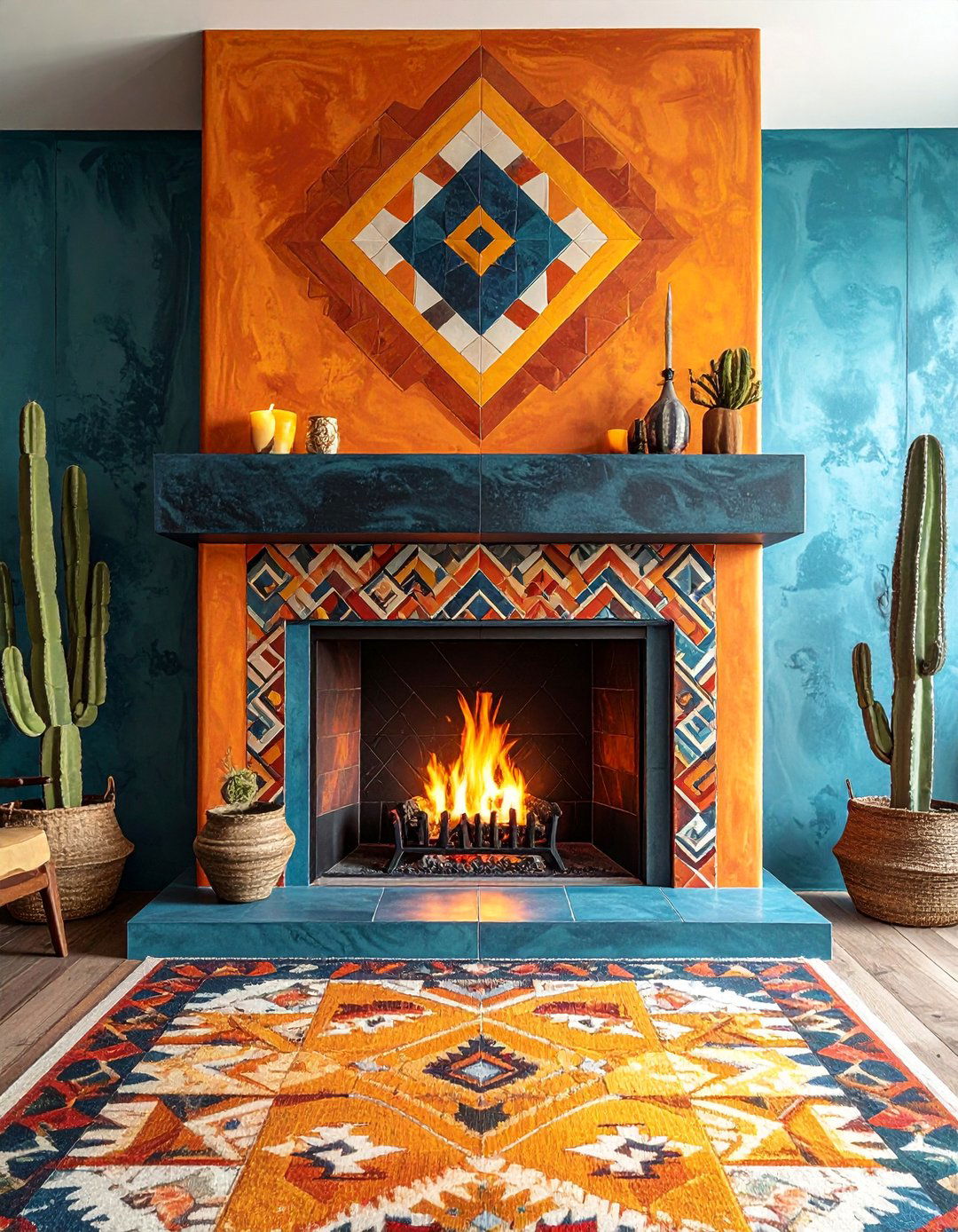 Southwestern Geometric Tile Fireplace - 25 Spanish Style Fireplace Ideas for a Warm Ambiance