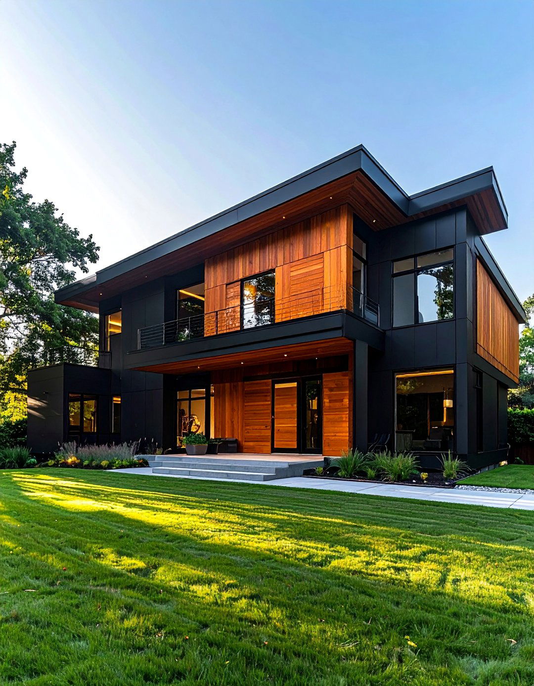 Split Level Black Home with a Central Wood Feature - 20 Black House With Wood Accents Ideas for a Bold Style